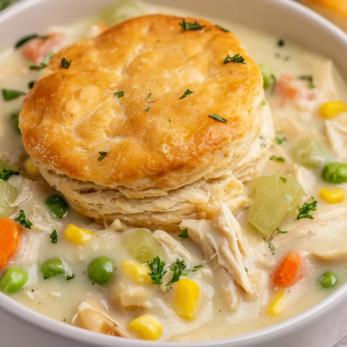 Golden-brown biscuits sit atop creamy Chicken Pot Pie Soup with chicken, peas, and carrots in a rustic Dutch oven.