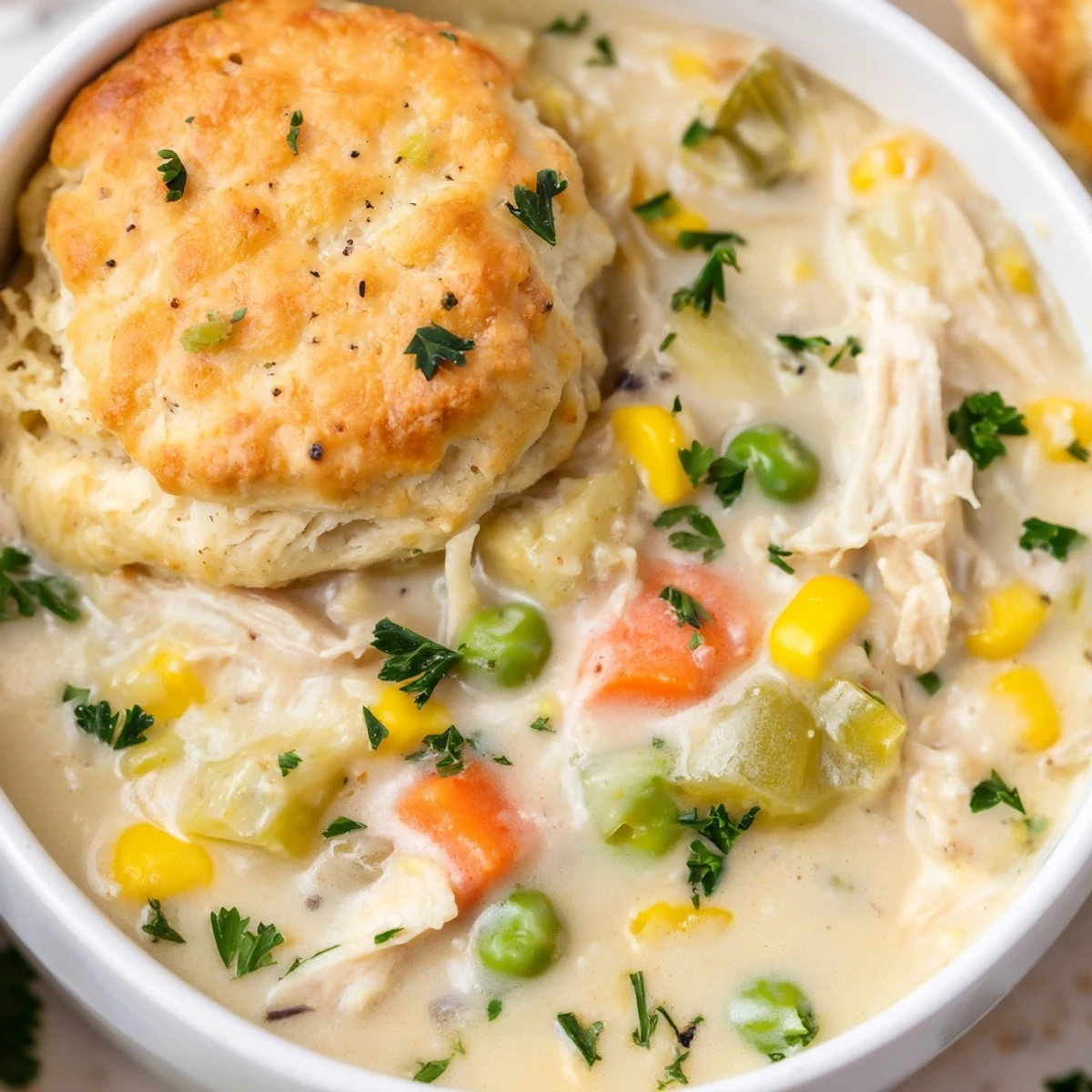 Steaming Chicken Pot Pie Soup reveals tender chicken and vegetables under flaky biscuit crust, perfect for cozy dinners.