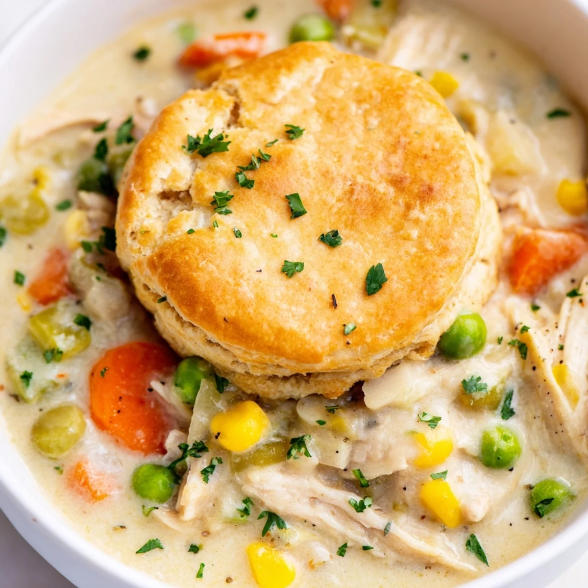 A spoon lifts cheesy biscuit topping from creamy Chicken Pot Pie Soup, with peas and carrots peeking through.