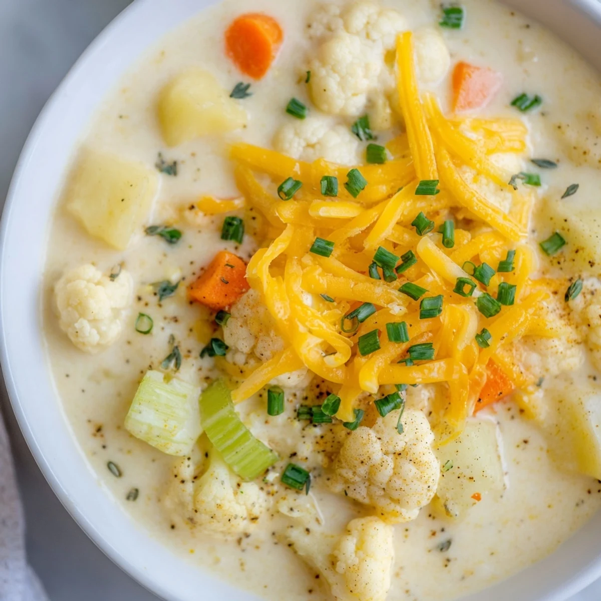 Creamy Cauliflower Chowder with Cheddar steams in a rustic bowl, garnished with fresh chives and extra melted cheese.
