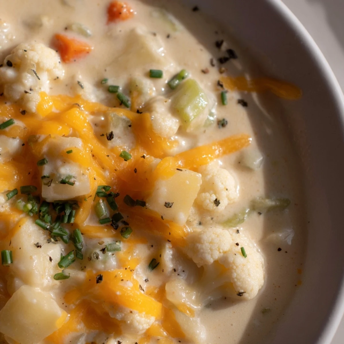 Velvety Creamy Cauliflower Chowder with Cheddar ladled into a deep bowl, topped with chives and sharp cheddar.