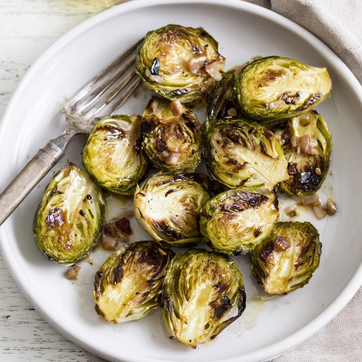 Halved Brussels sprouts roasted alongside smoky chopped turkey bacon, showing caramelized edges on a parchment-lined baking sheet.