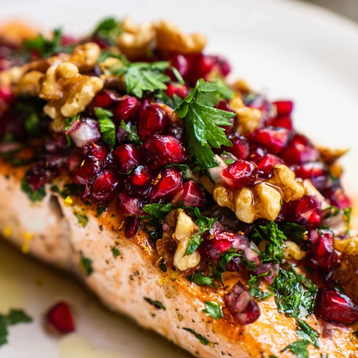 Perfectly cooked salmon topped with tangy Pomegranate Walnut Salsa, ideal for serving alongside fluffy quinoa or a fresh green salad.