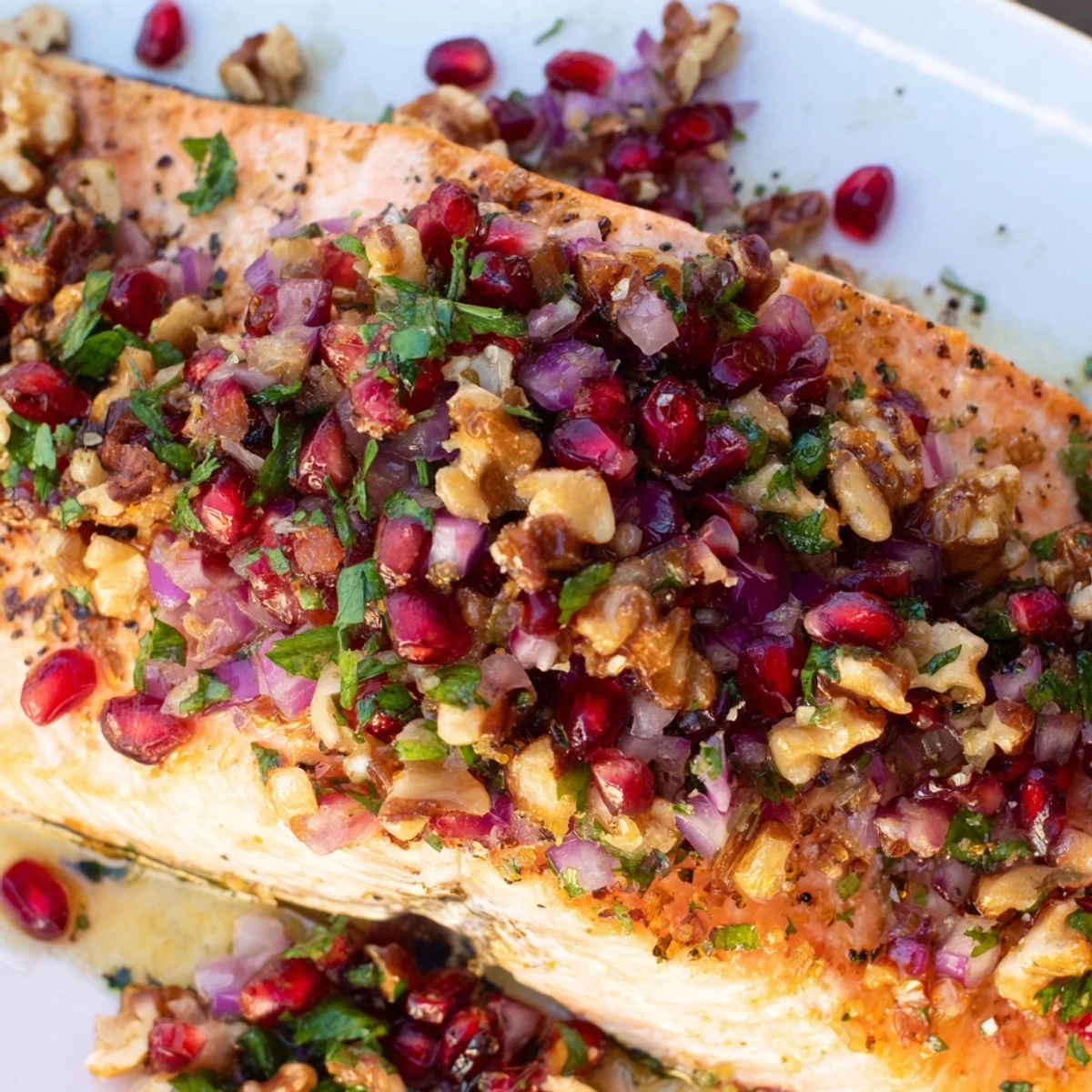 Golden-baked salmon fillets flake easily under a vibrant Pomegranate Walnut Salsa filled with toasted nuts and jewel-like seeds.