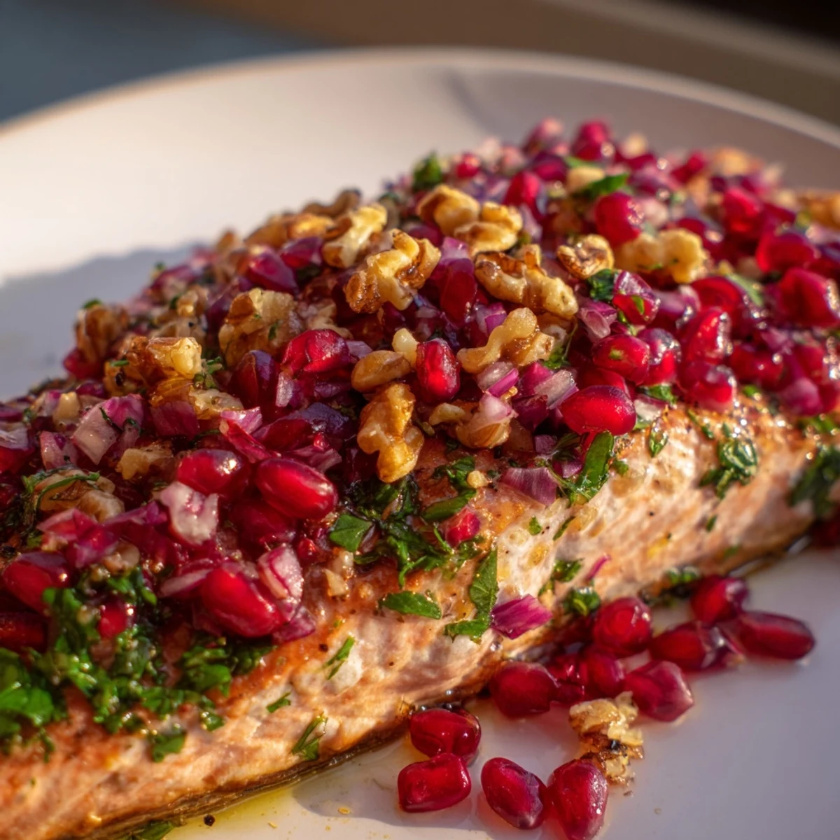 Freshly baked salmon fillet garnished with homemade Pomegranate Walnut Salsa featuring crunchy toasted walnuts and bright lemon zest.