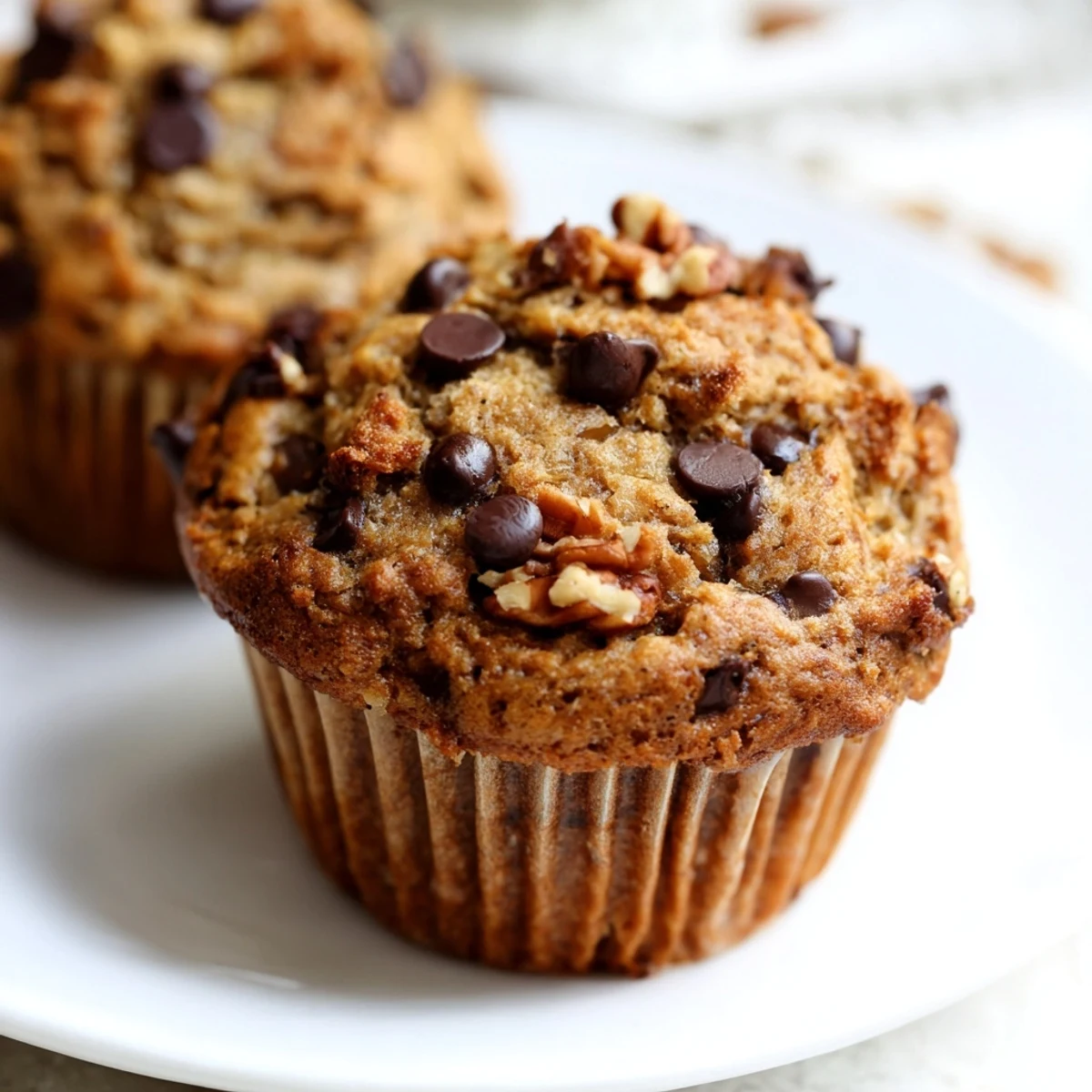 Golden brown Chocolate Chip Banana Bread Muffins with cracked tops on a rustic wooden table. 