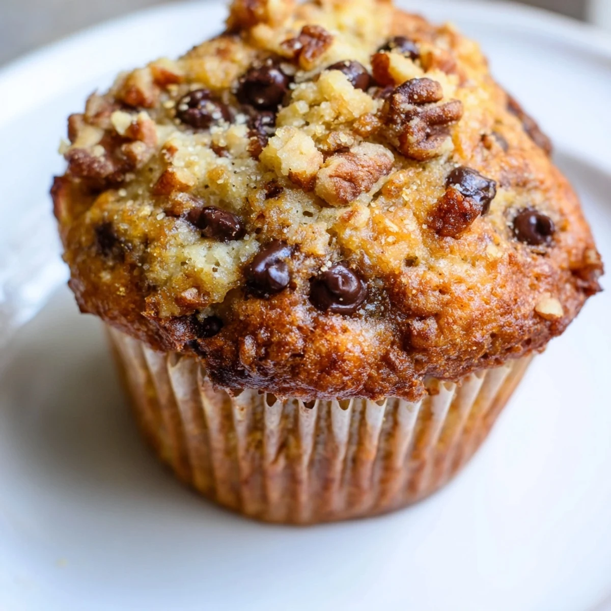 Freshly baked Chocolate Chip Banana Bread Muffins cooling on a wire rack with melty chocolate chips. 