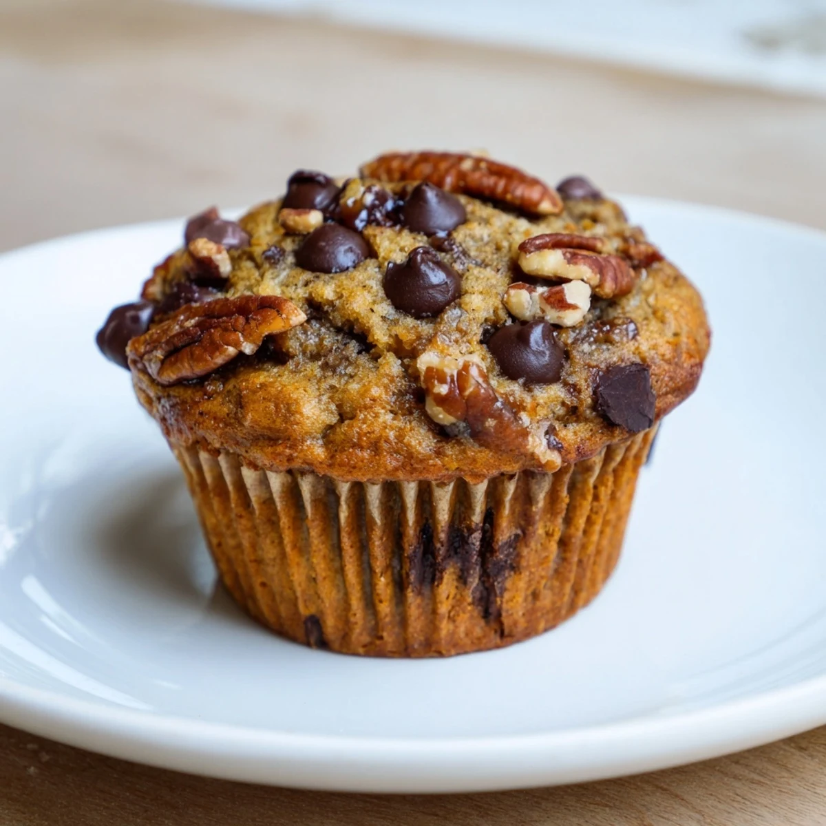 Warm Chocolate Chip Banana Bread Muffins served in a muffin tin with a bite taken out.