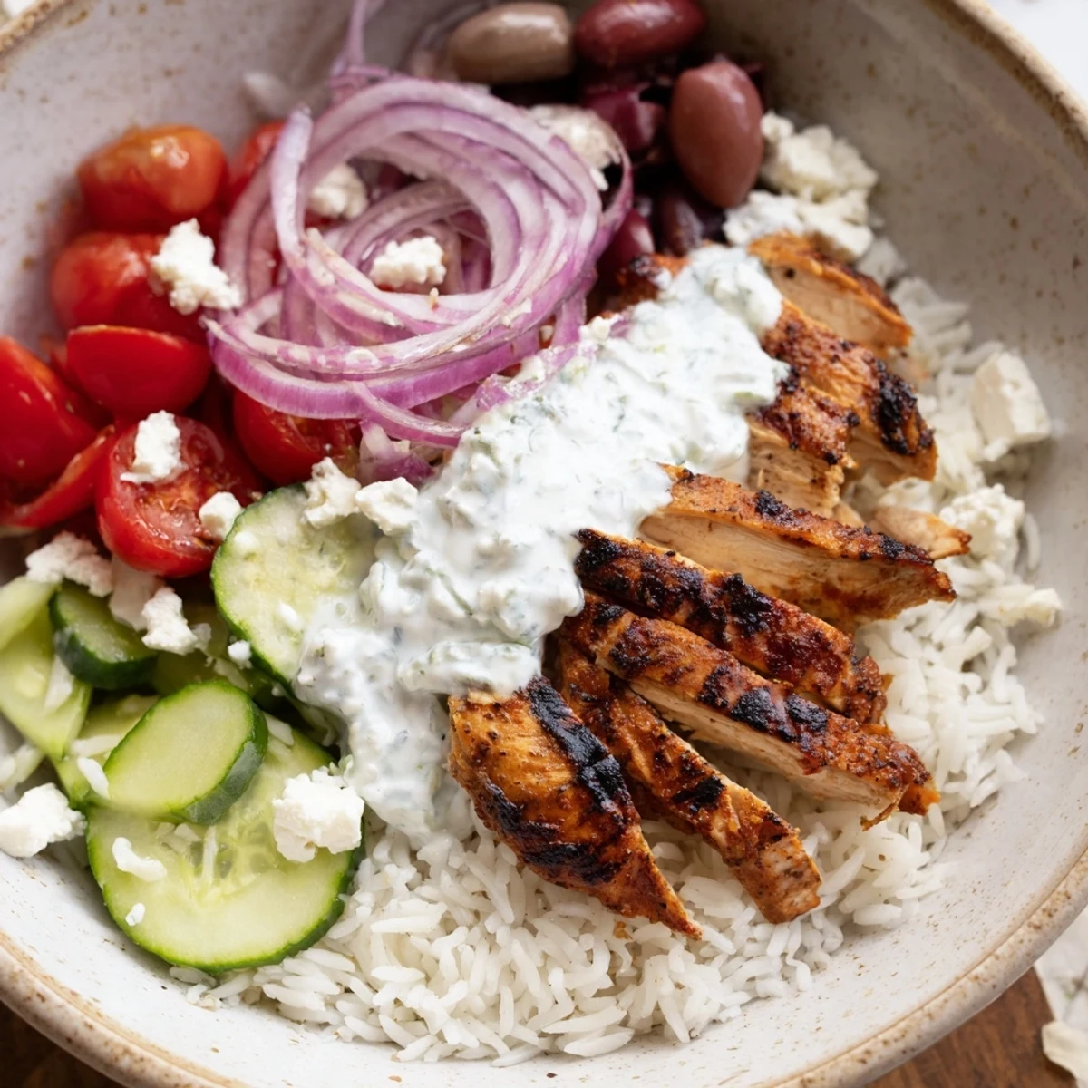 A generous dollop of homemade tzatziki sauce crowns colorful Greek Chicken Gyro Bowls ready to serve.