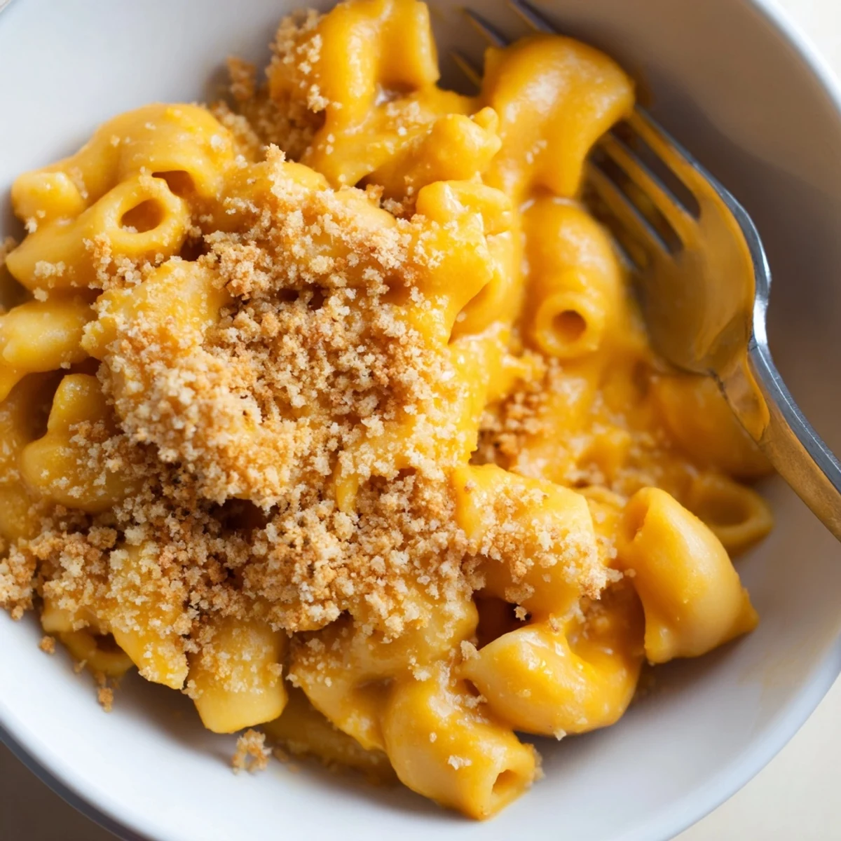 A skillet of Vegan Butternut Squash Mac and Cheese topped with golden crumbs, paired with a crisp green salad.