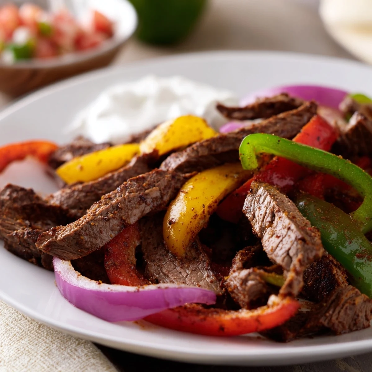 Tender strips of steak, roasted bell peppers, and onions sizzling on a sheet pan for Sheet Pan Steak Fajitas.