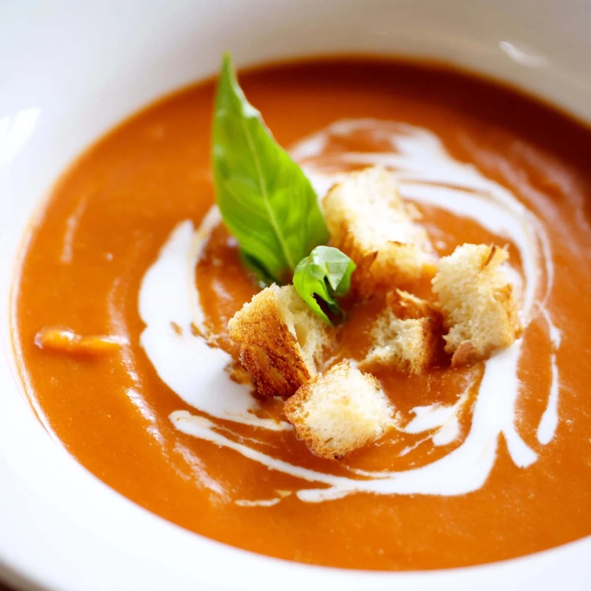 Creamy roasted garlic and tomato basil soup in a white bowl, topped with golden, crunchy croutons and fresh basil leaves.