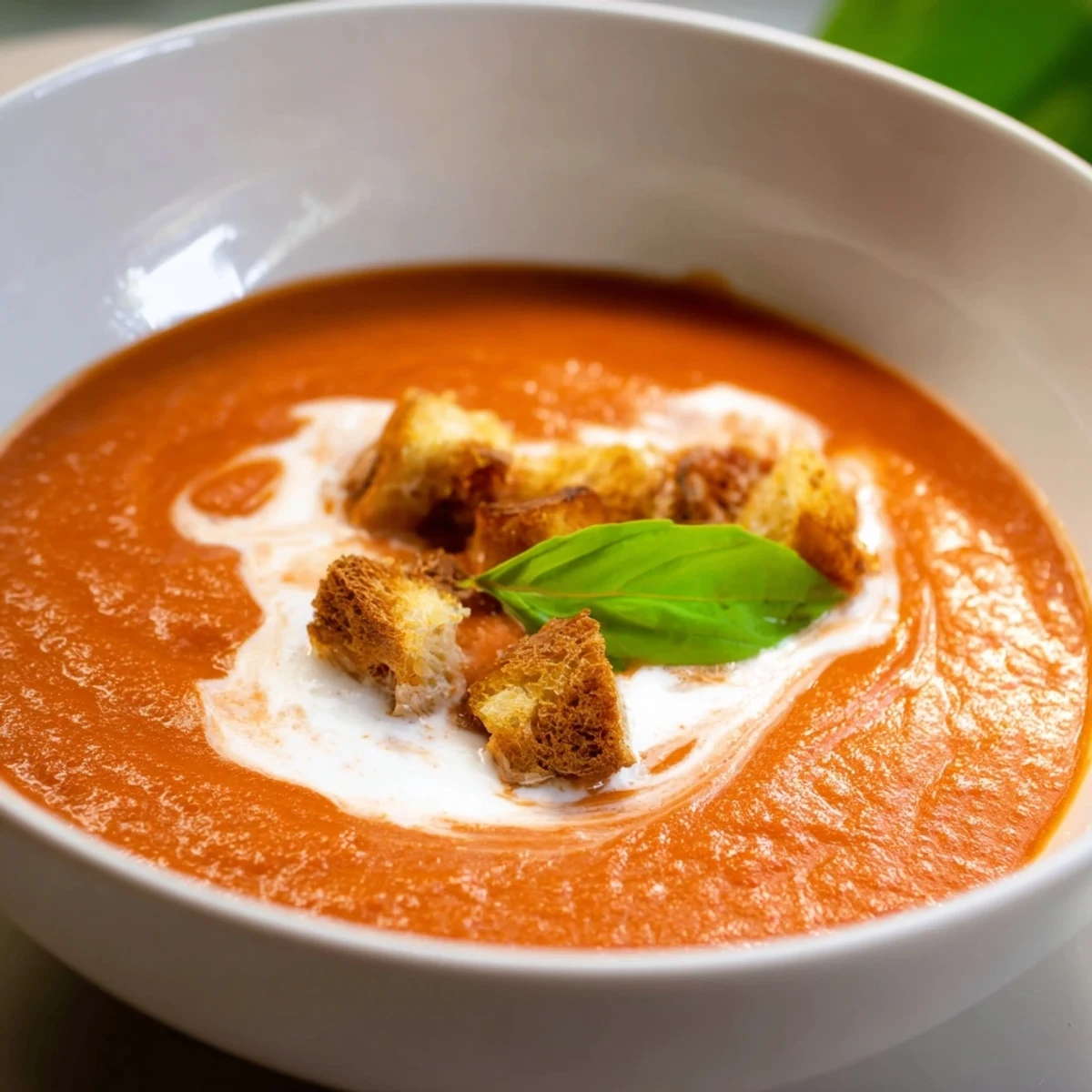 Golden croutons on top of creamy roasted garlic and tomato basil soup with a drizzle of olive oil.