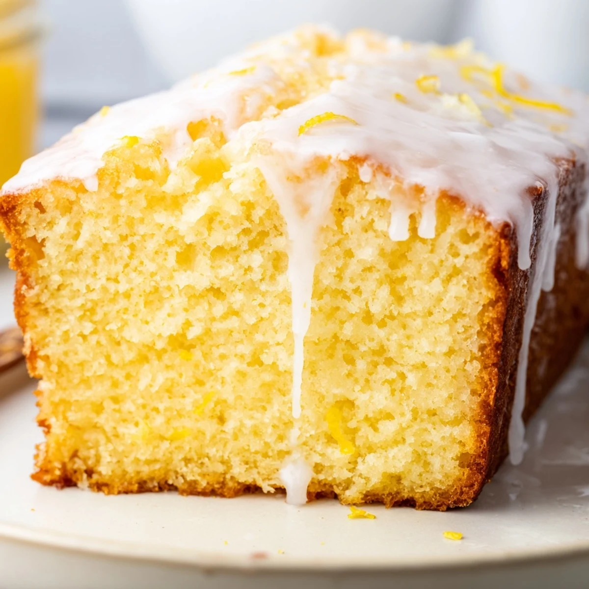 Slices of moist Lemon Bread Loaf served beside steaming tea on a cozy breakfast table.