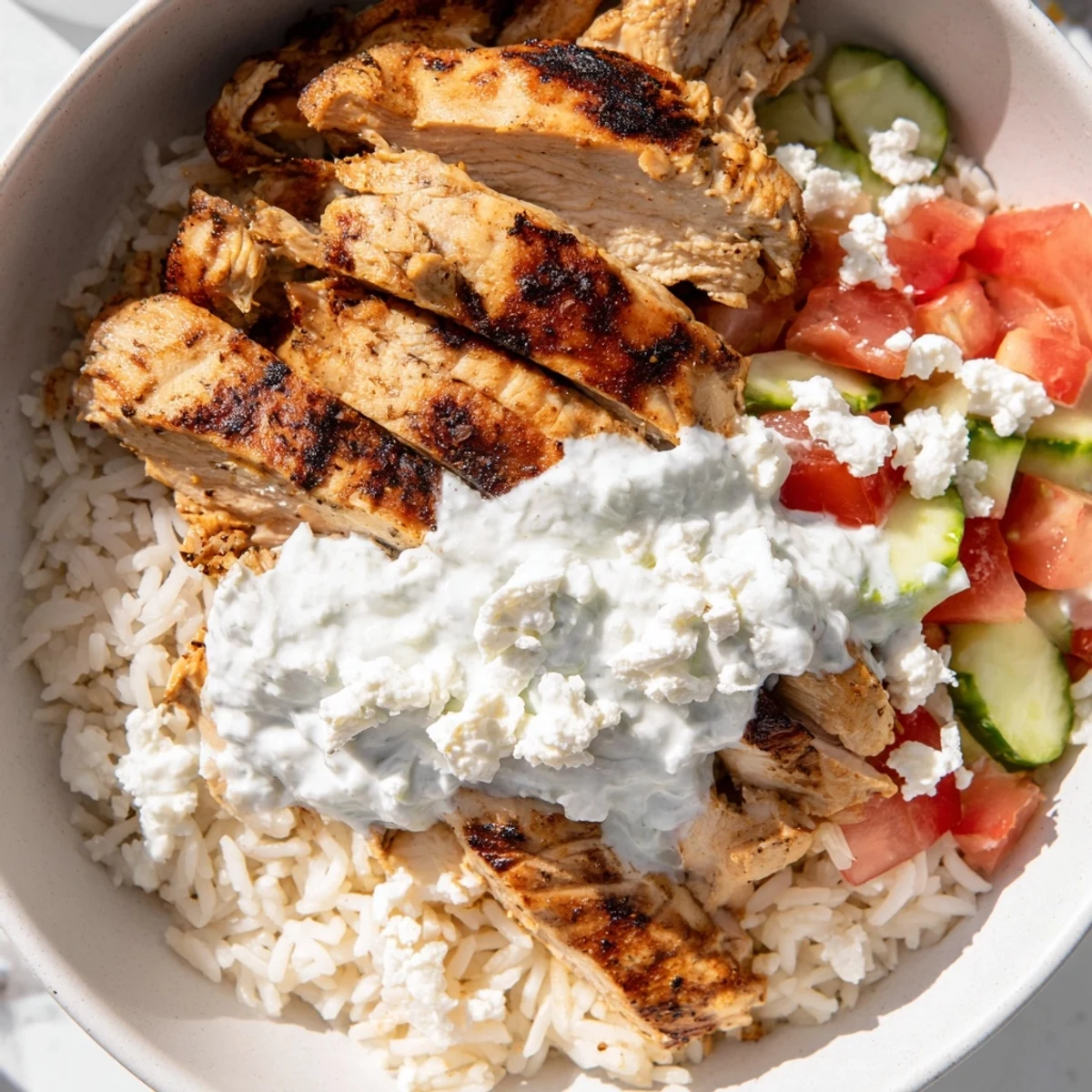 Brightly colored Greek Chicken Gyro Bowls with grilled chicken, rice, and veggies topped with creamy tzatziki.