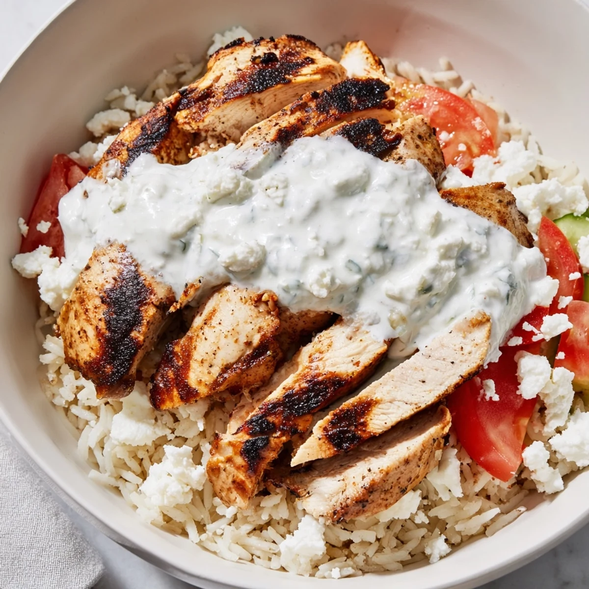 Freshly prepared Greek Chicken Gyro Bowls served with diced tomatoes, olives, feta, and fluffy rice.