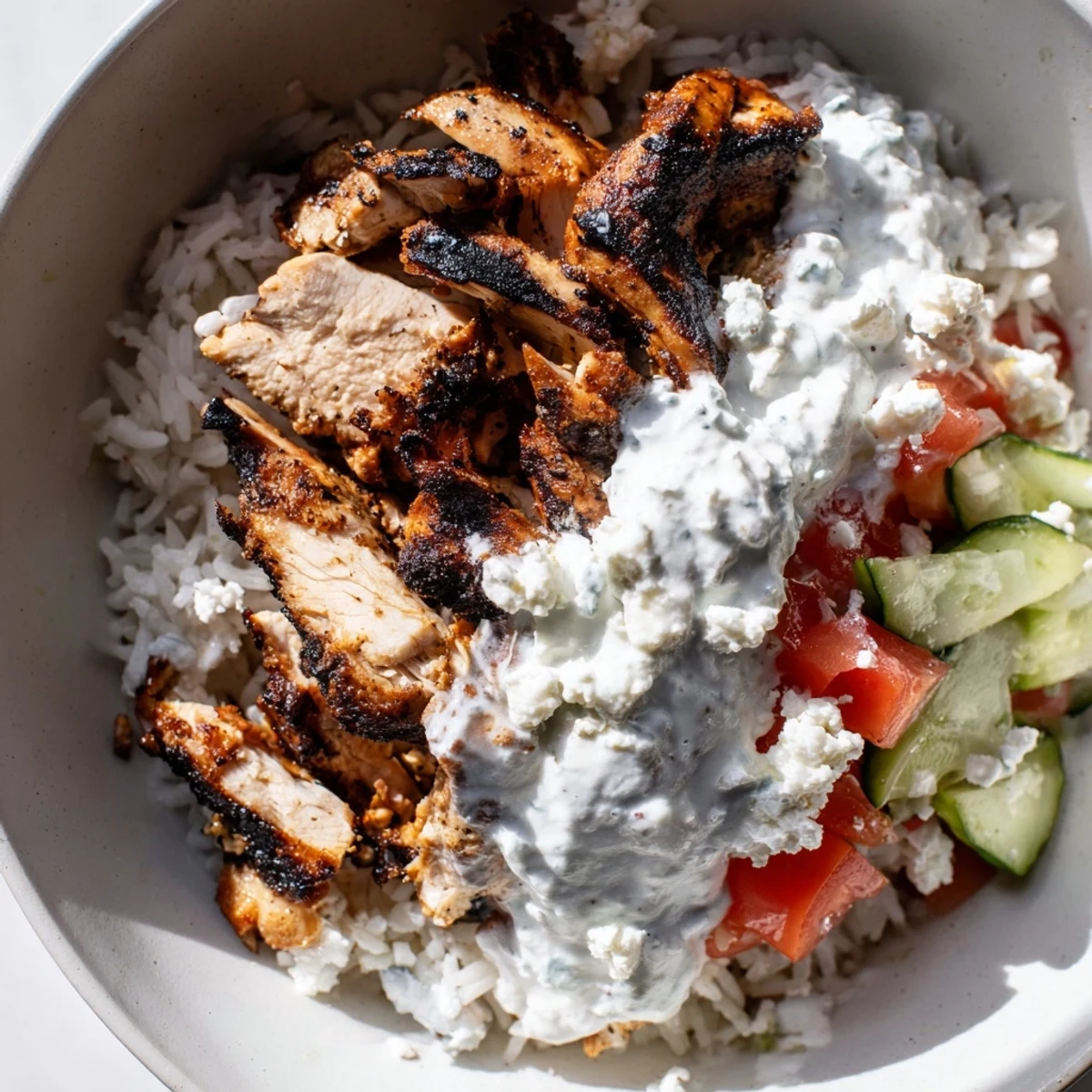 A delicious bowl of Greek Chicken Gyro Bowls featuring marinated chicken, crisp lettuce, and tangy homemade tzatziki.