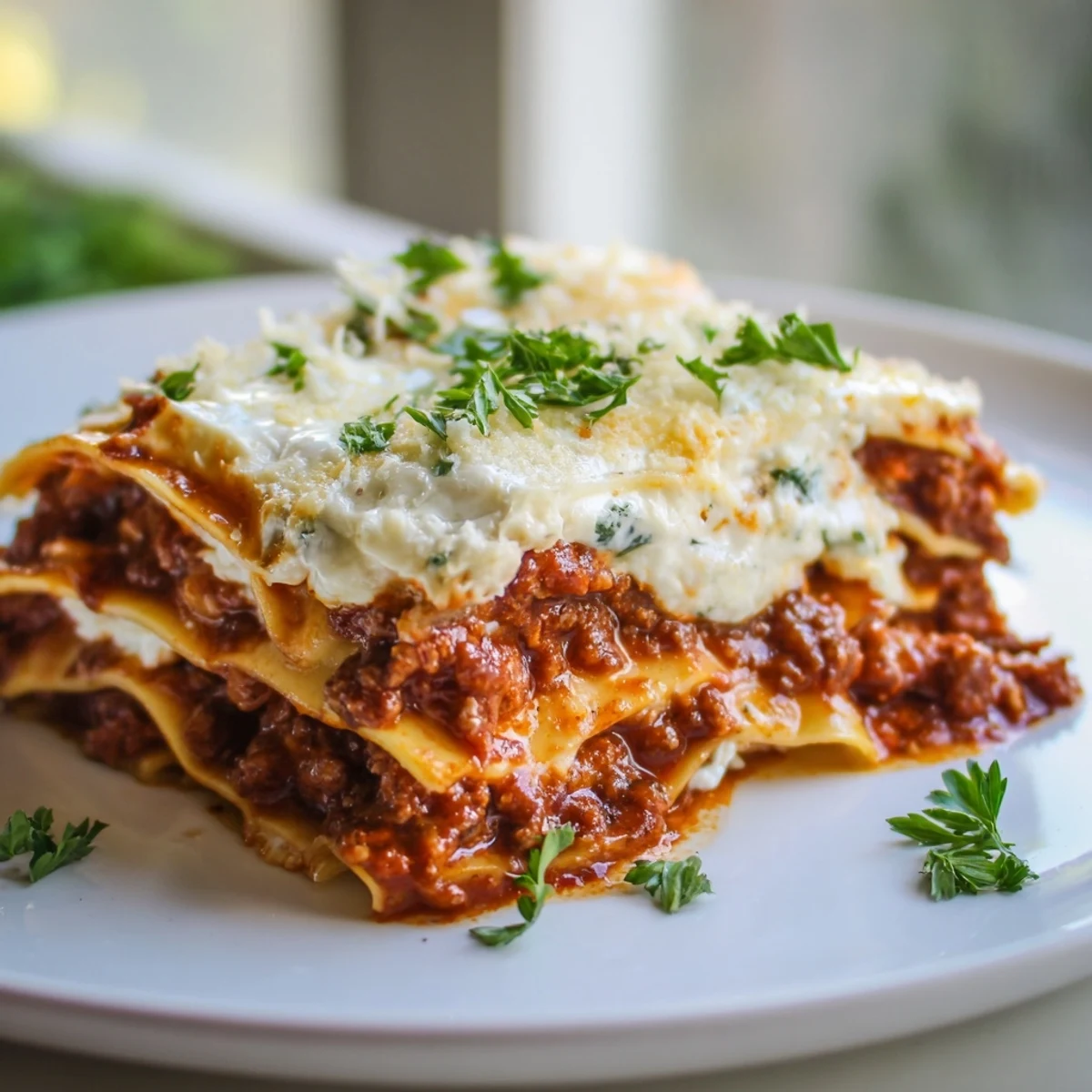 Golden, bubbly mozzarella tops a slice of Classic Beef Lasagna, revealing layers of rich meat sauce and creamy ricotta.