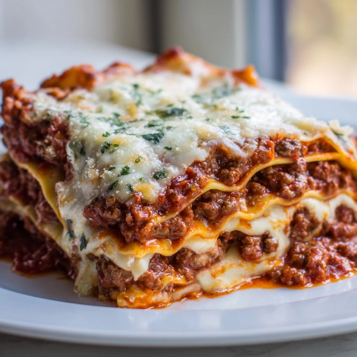 A freshly baked Classic Beef Lasagna in a baking dish, with golden edges and melted cheese, ready to serve.