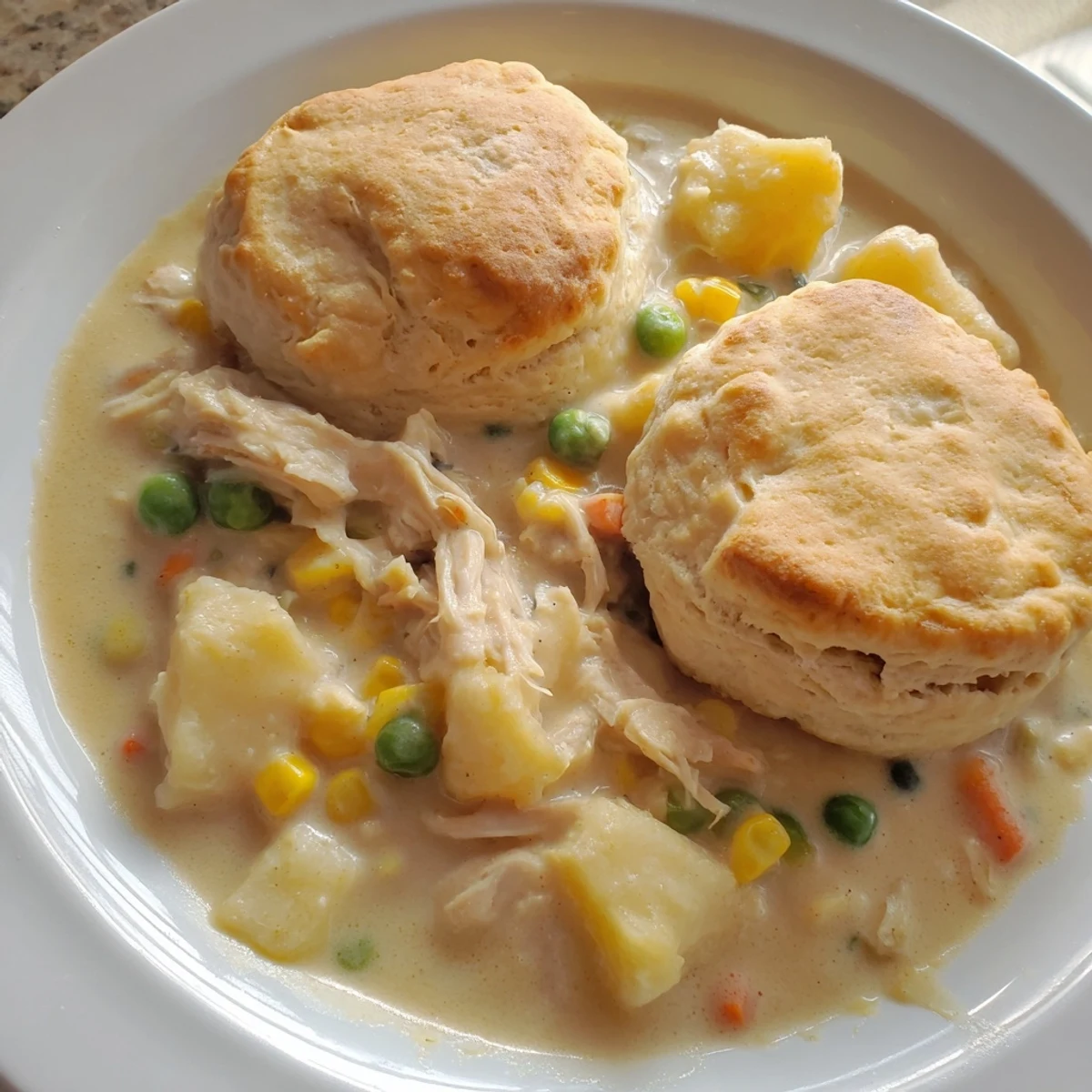 Hearty chicken pot pie soup topped with tender buttermilk biscuits, bubbling in a Dutch oven straight from the oven with fresh thyme garnish.