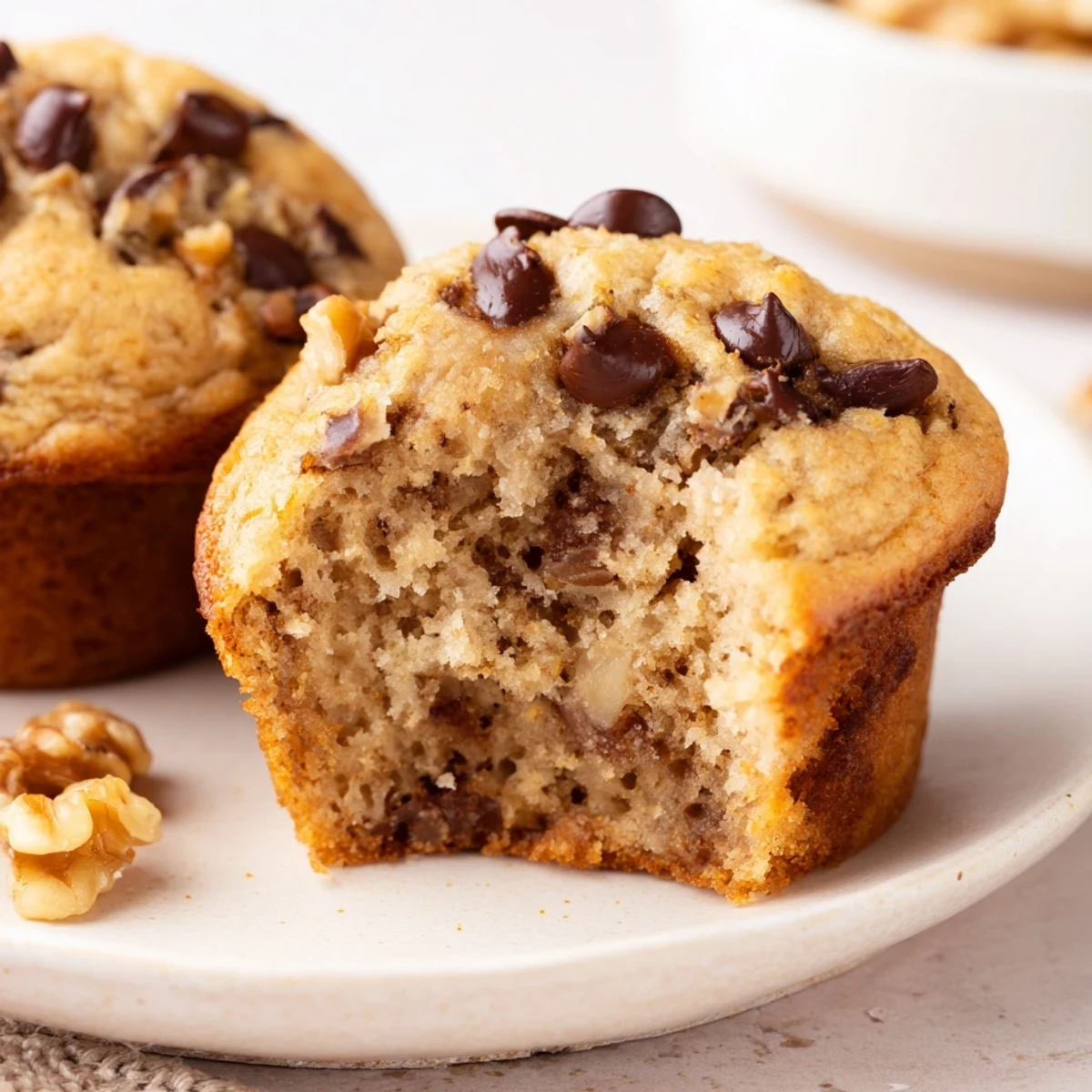A warm Chocolate Chip Banana Bread Muffin with Walnuts sliced in half, revealing a moist interior and melted chocolate chips.