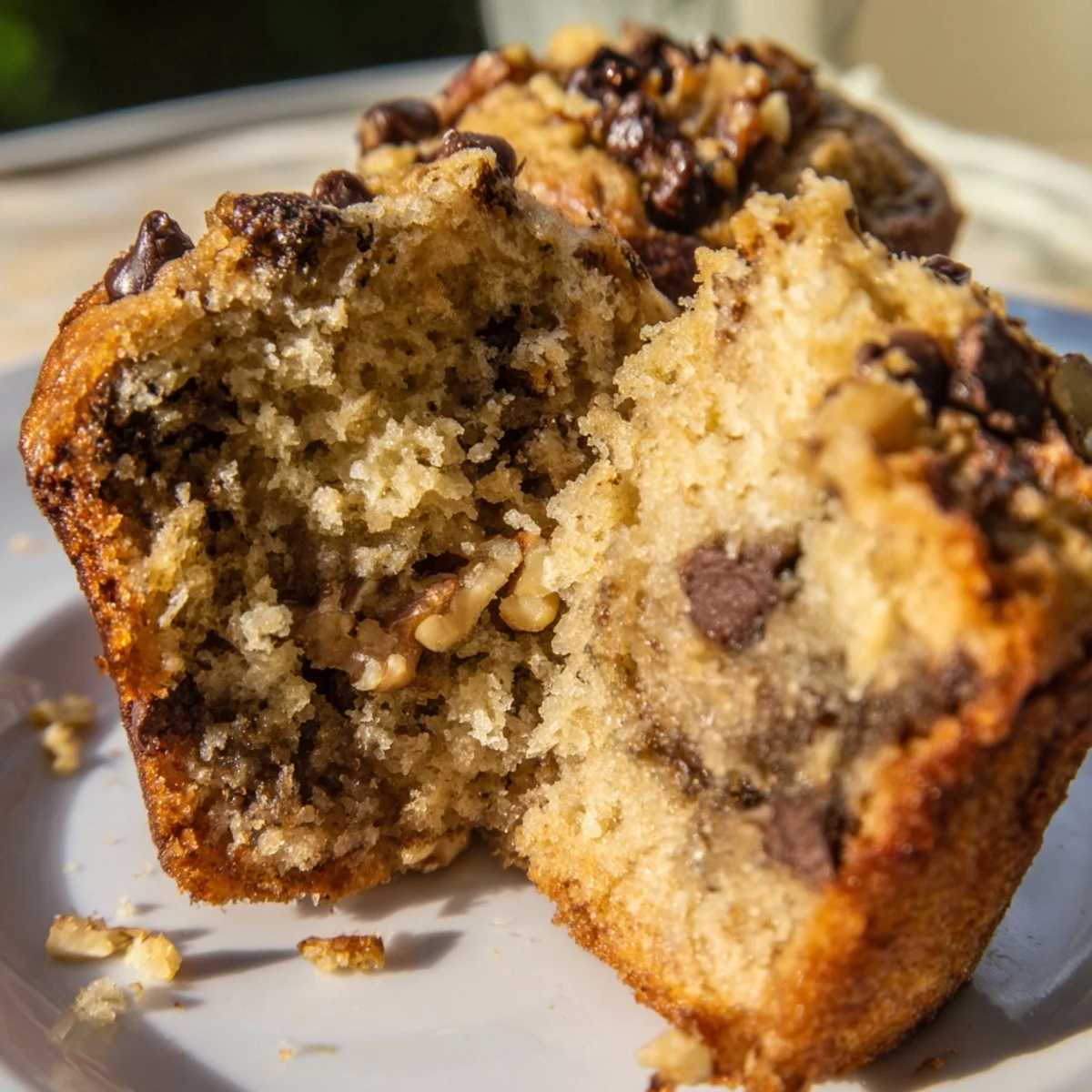 Freshly baked Chocolate Chip Banana Bread Muffins with Walnuts cooling on a wire rack, featuring golden tops and visible chocolate chunks.