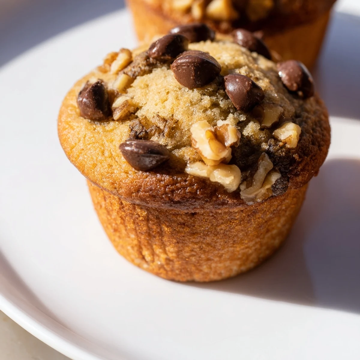 Platter of fluffy Chocolate Chip Banana Bread Muffins with Walnuts ready for breakfast, paired with a steaming cup of coffee.