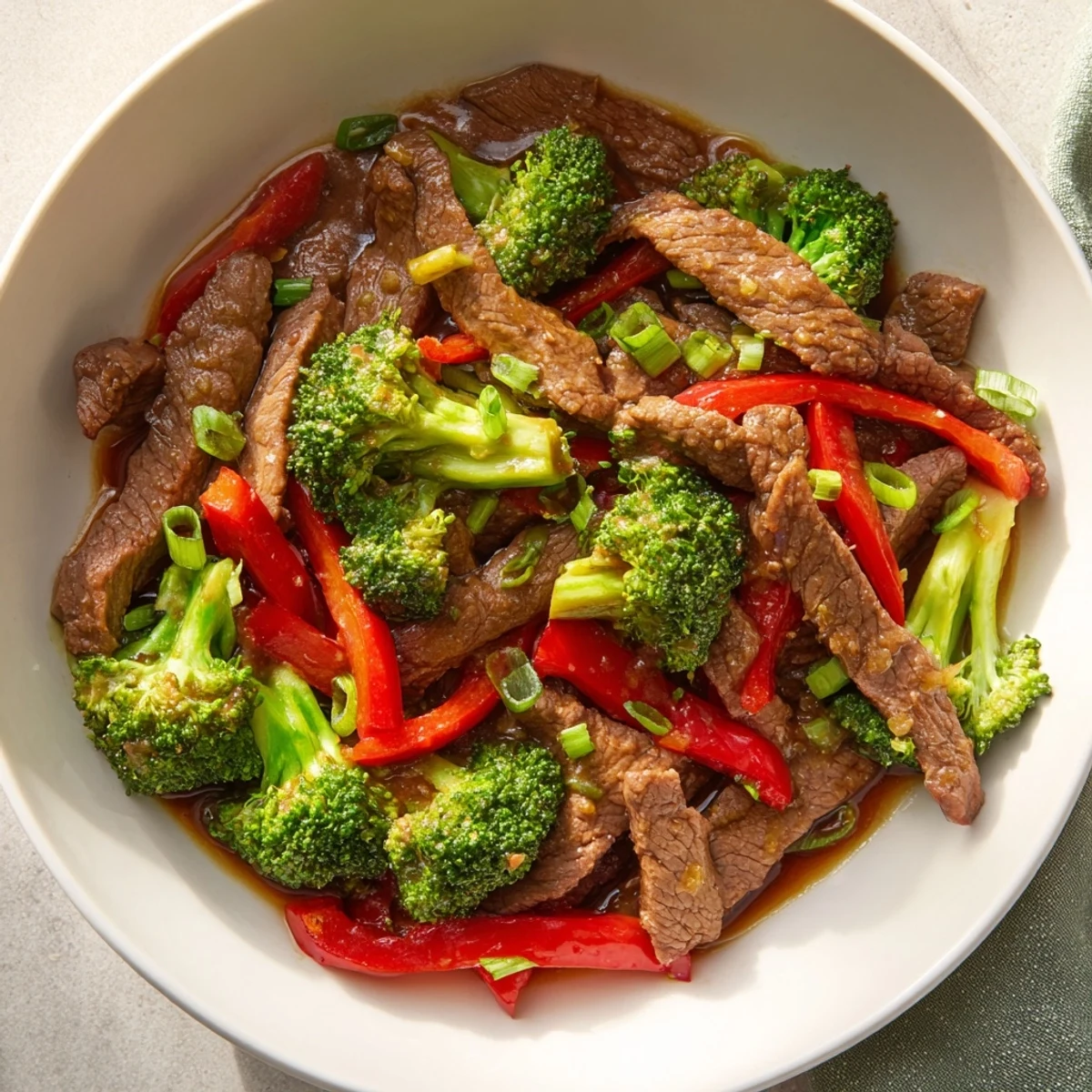 Beef and Broccoli Stir Fry with Garlic Soy Sauce served over fluffy white rice in a white ceramic bowl.