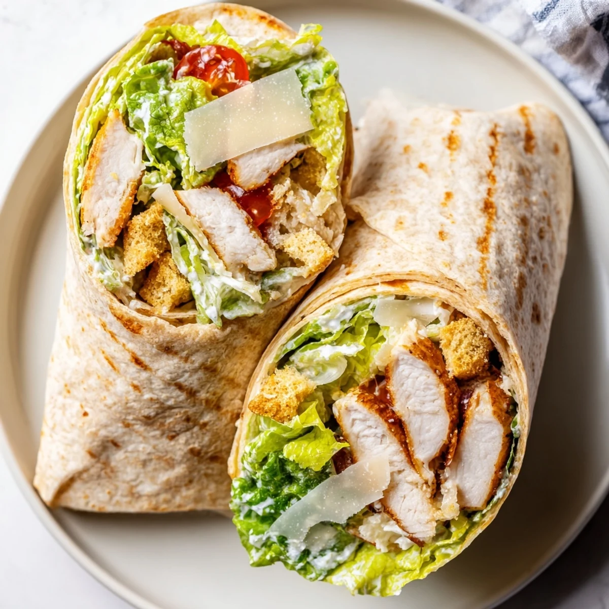 Two grilled chicken Caesar wraps sliced diagonally on a wooden board, showing juicy chicken strips, crisp romaine, and creamy dressing with shaved Parmesan and halved cherry tomatoes.