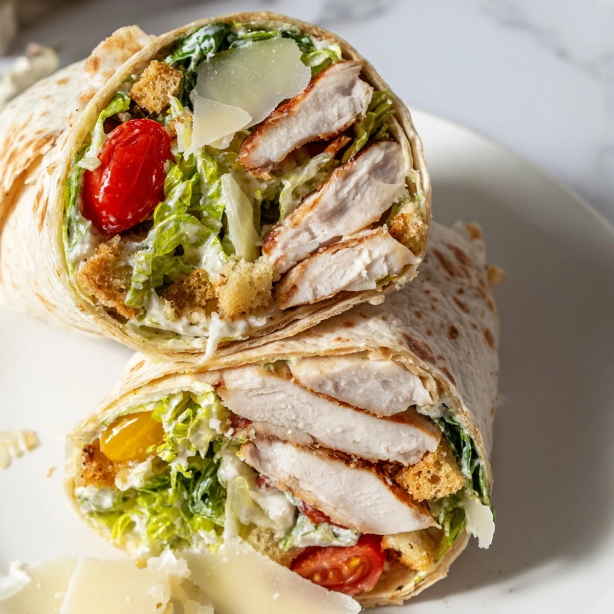 Close-up of a Chicken Caesar Wrap cut in half, revealing layers of crisp lettuce, sliced chicken, and shaved Parmesan with a drizzle of creamy dressing.
