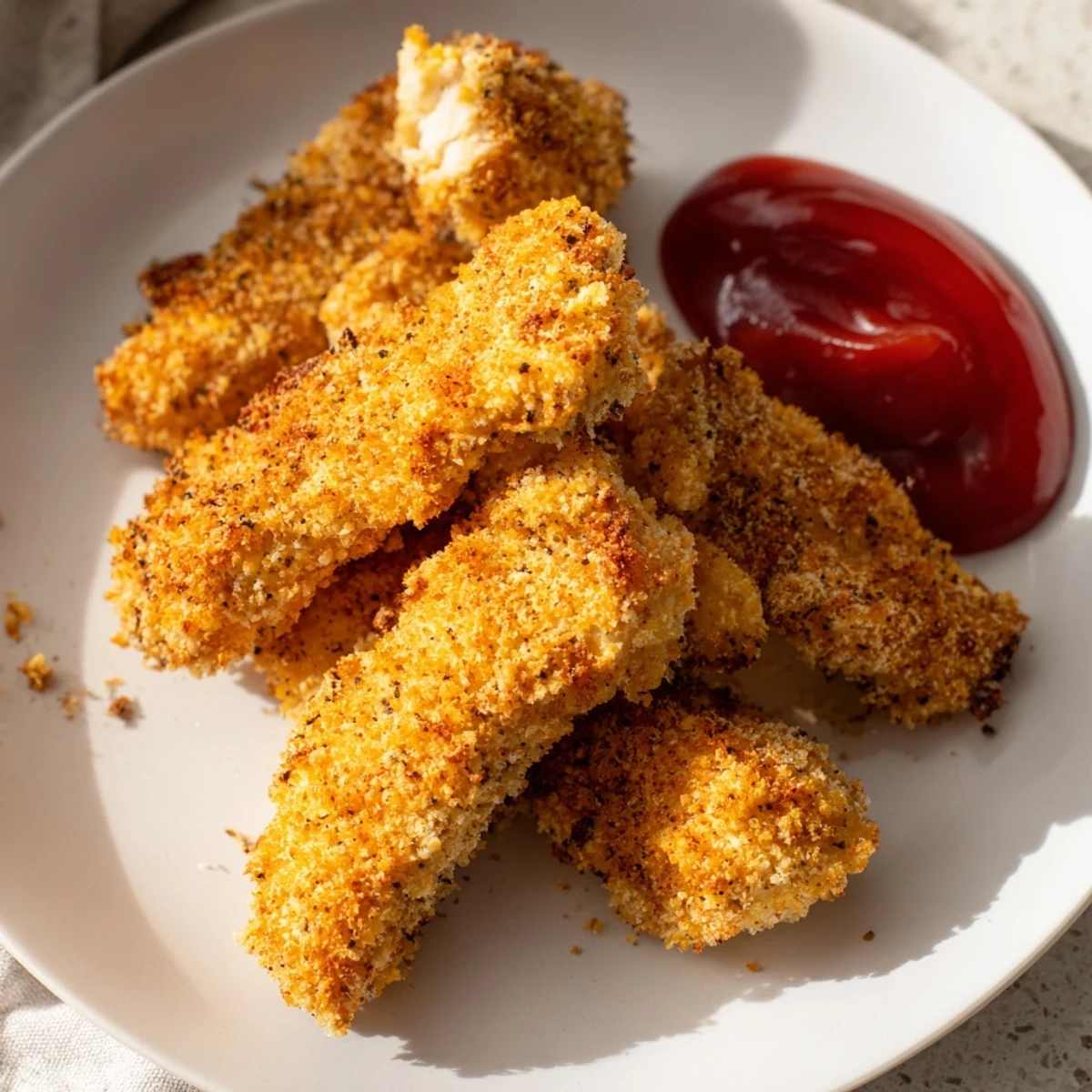 Crispy Air Fryer Chicken Tenders with Ketchup are golden and crunchy, served hot on a plate for a quick family meal.