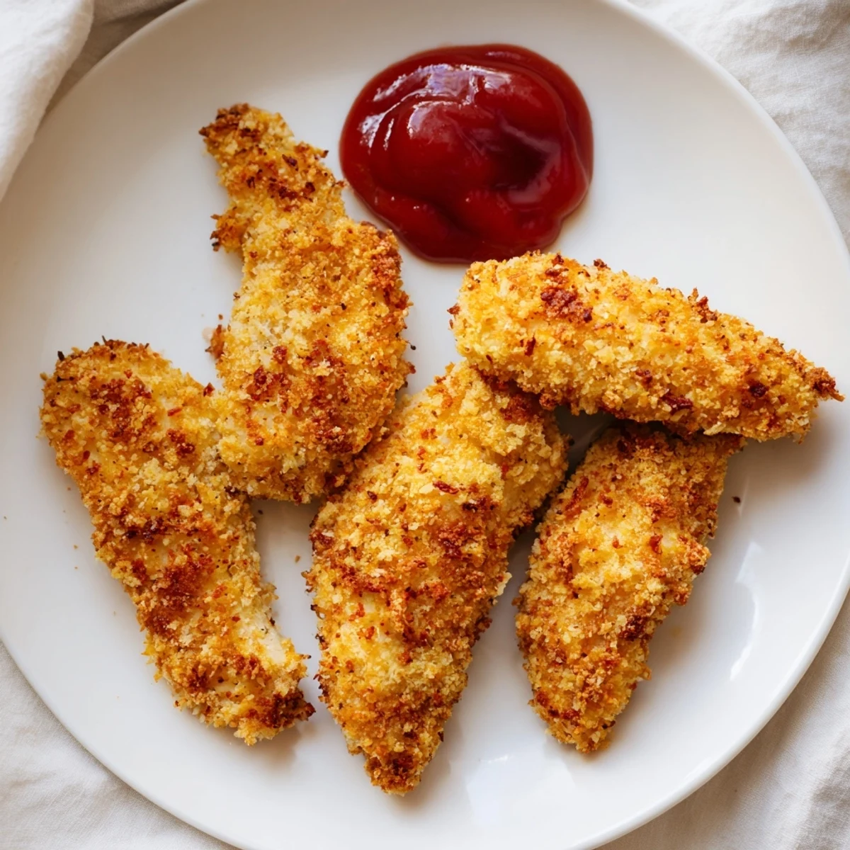 A close-up of Crispy Air Fryer Chicken Tenders with Ketchup showing the seasoned panko coating, served alongside a small bowl of ketchup.