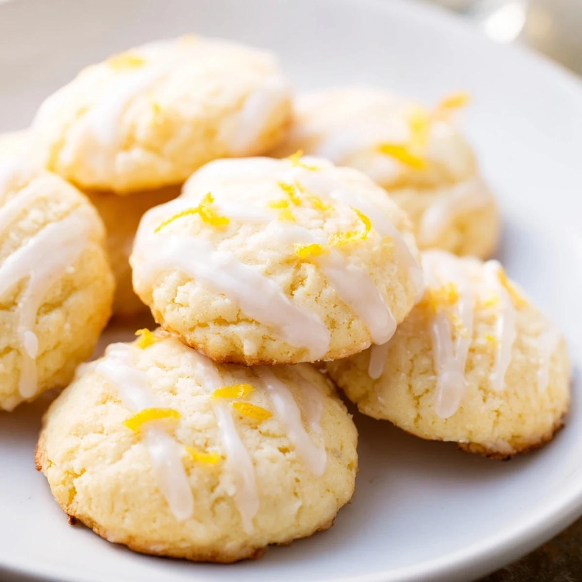 Lemon Ricotta Cookies stacked on a white plate, their golden edges and glossy glaze catching light for a stunning dessert photo.