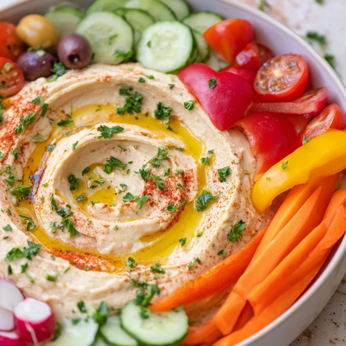 Vibrant Mediterranean Hummus Platter with cherry tomatoes, cucumbers, and bell peppers for dipping.