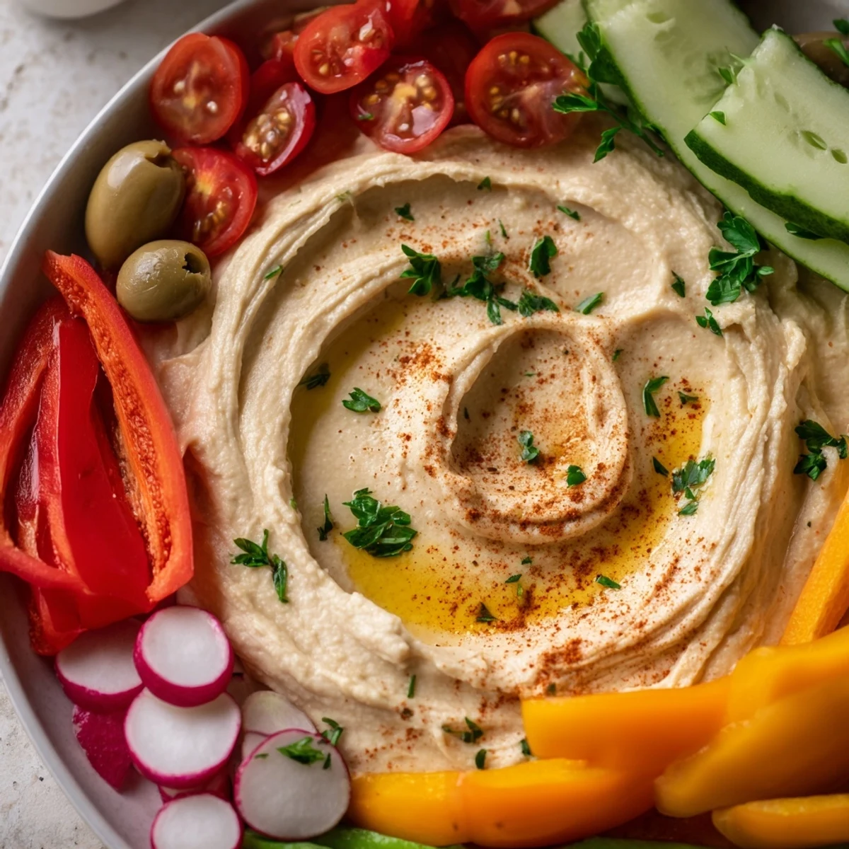 Creamy swirl of Mediterranean Hummus Platter garnished with paprika and parsley, paired with pita bread.