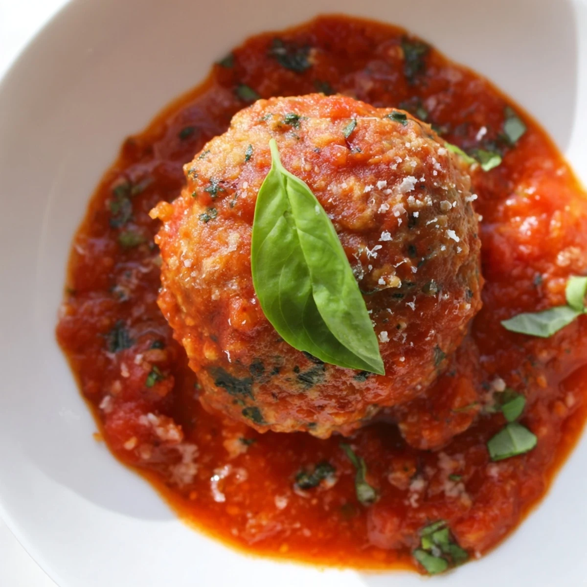 Close-up of baked Turkey Meatballs in Marinara Sauce simmering in a skillet, herbs and tomato texture visible.