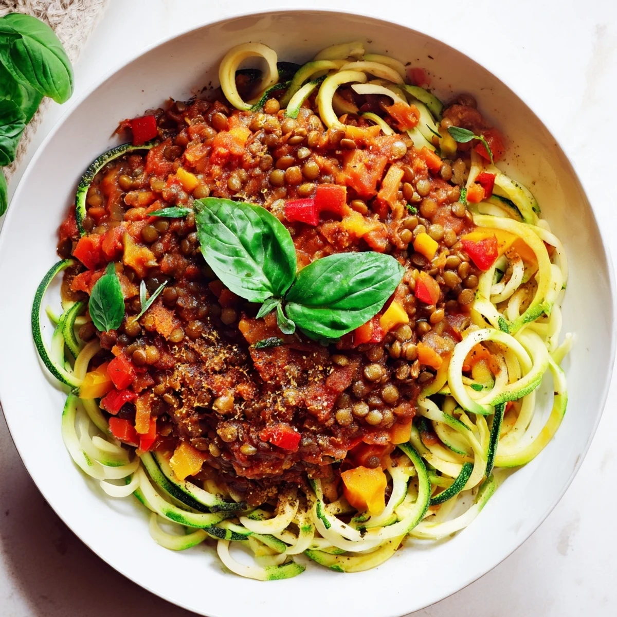 Freshly sautéed Vegan Lentil Bolognese with Zucchini Noodles served in a white bowl with basil garnish.