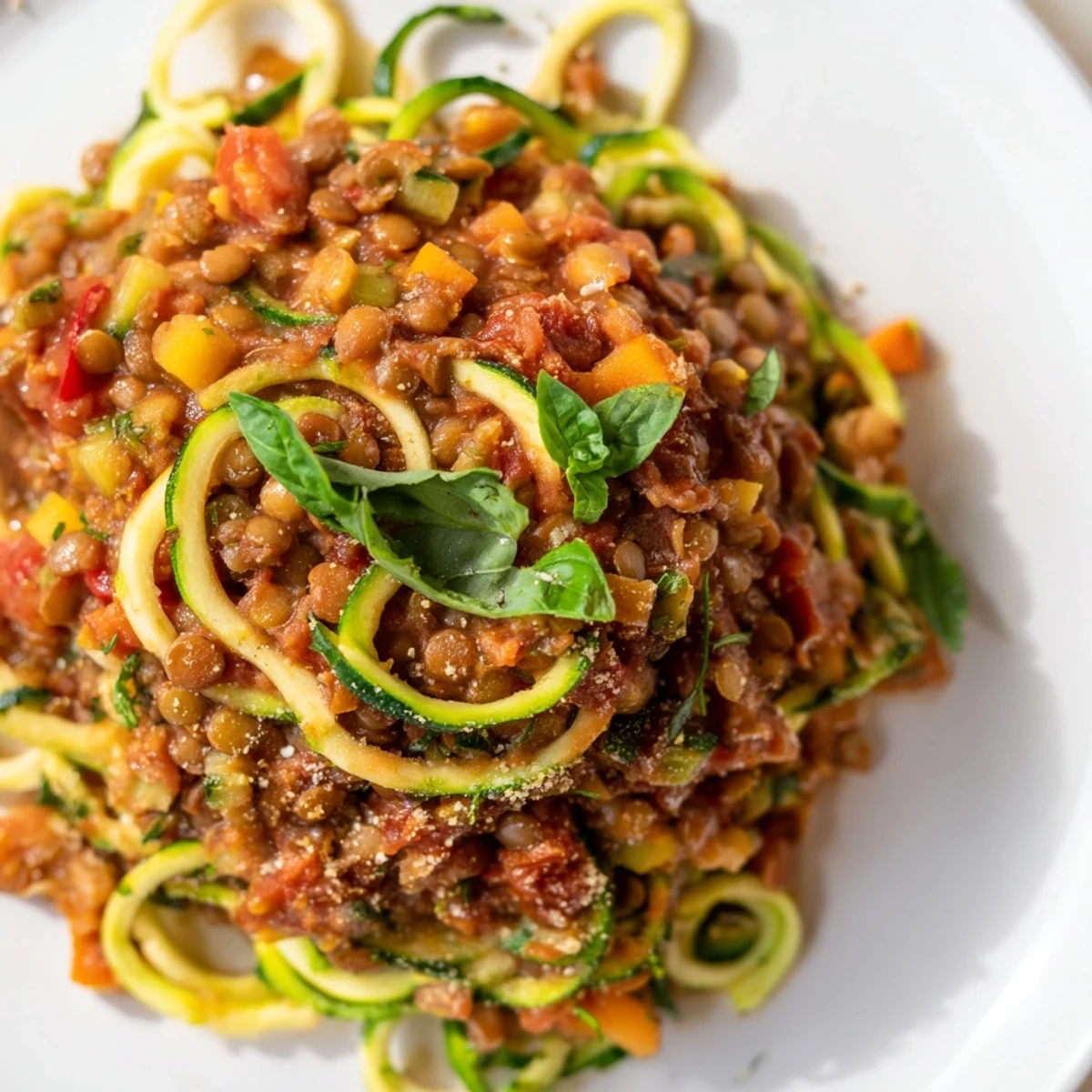 A hearty plate of Vegan Lentil Bolognese with Zucchini Noodles topped with nutritional yeast and fresh herbs.