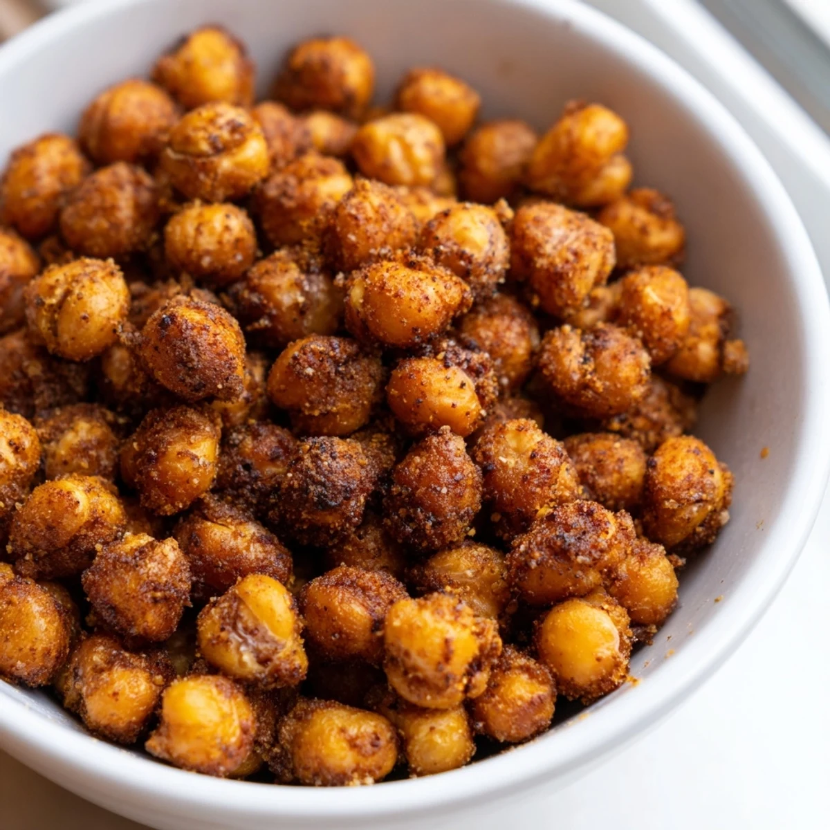 Golden brown Crispy Air Fryer Chickpeas with cumin and paprika glistening in a white bowl, ready to snack on.