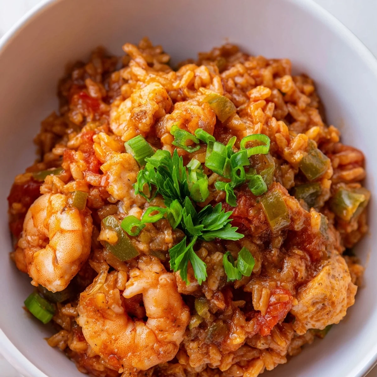 Steaming jambalaya with chicken and shrimp in a large pot, flecked with red bell pepper and fresh parsley garnish.
