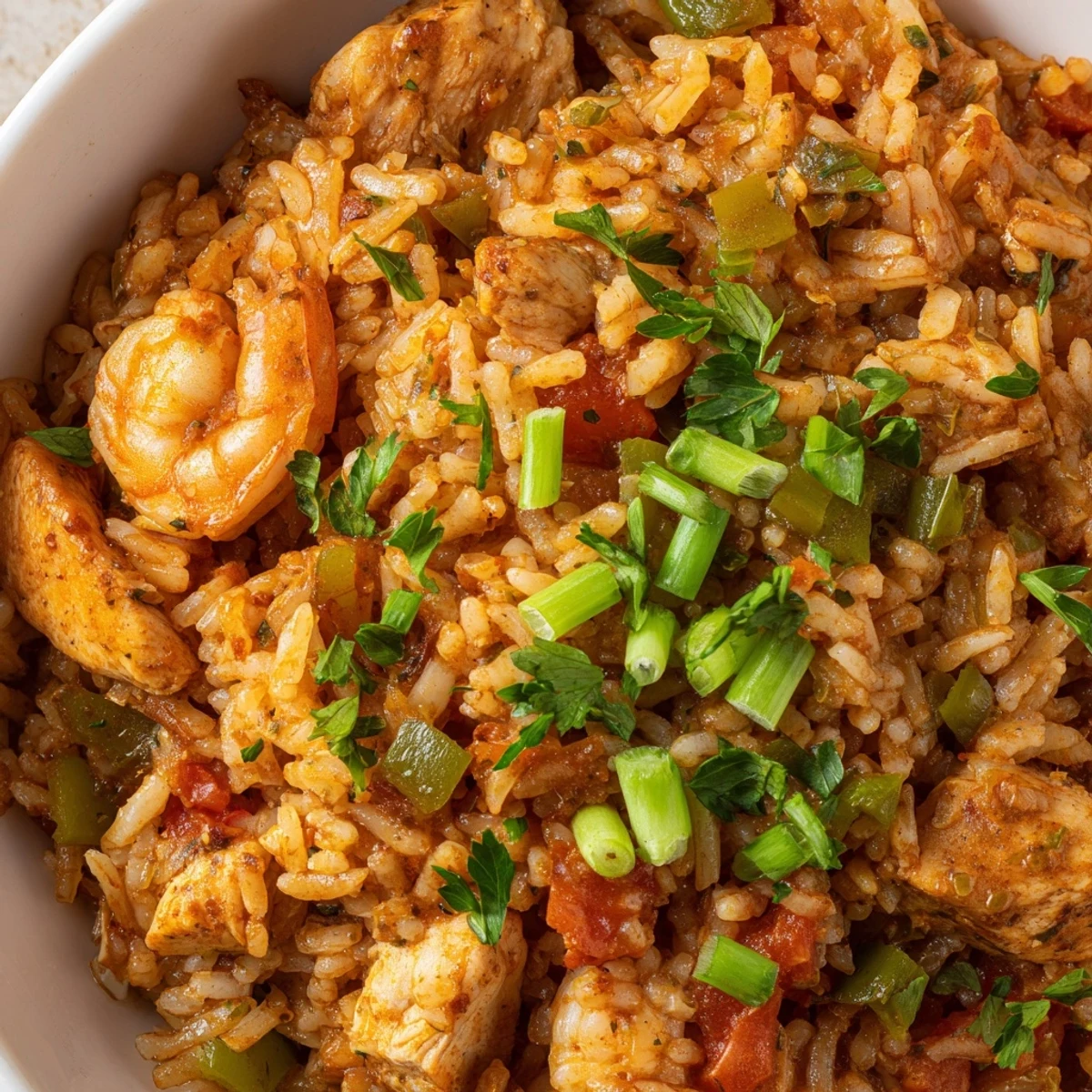 Spicy jambalaya with chicken and shrimp served in a white bowl with lemon wedges and fluffy rice, ready to eat.