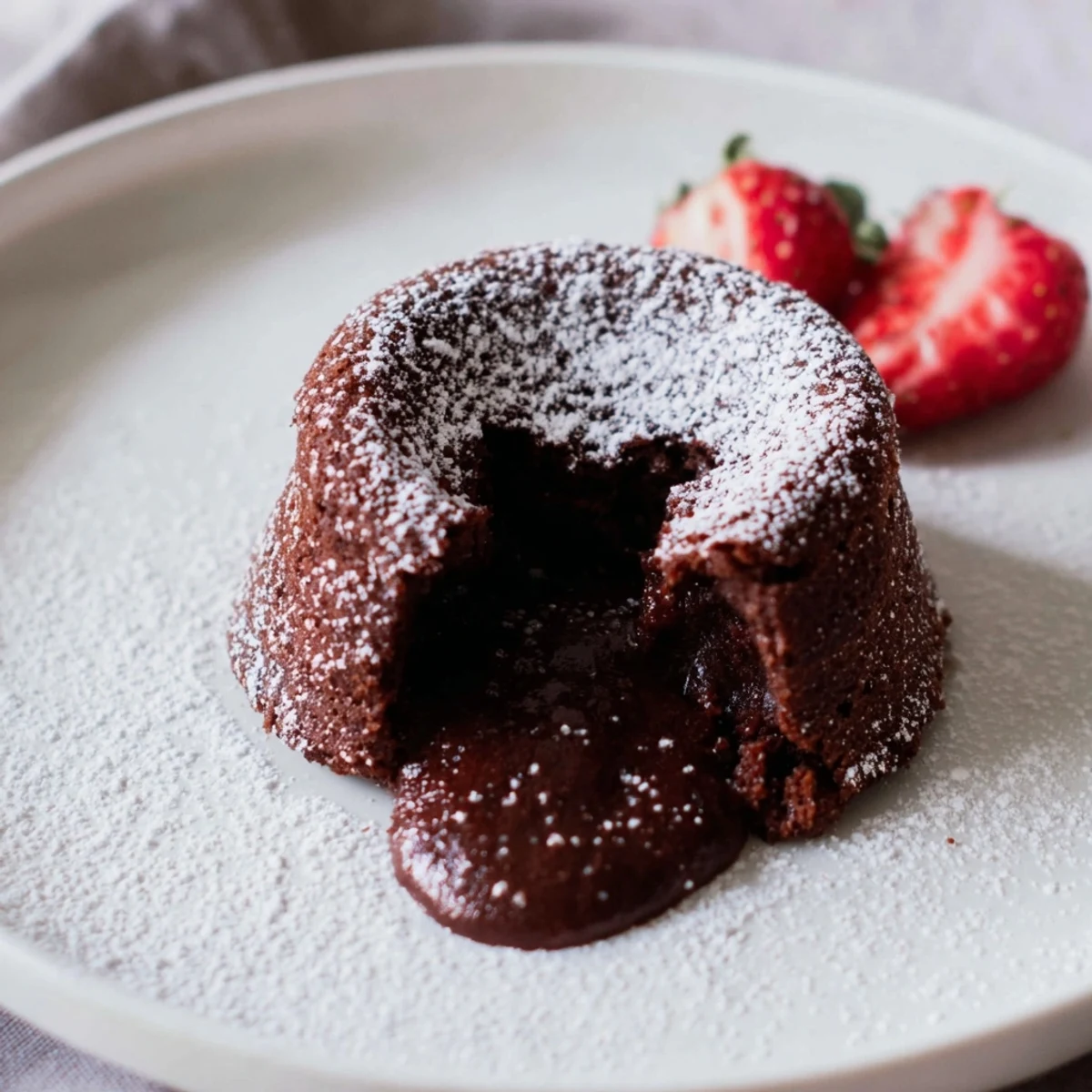 Warmly lit image of Sweetheart Chocolate Lava Cakes in ramekins, ready to serve with fresh strawberries and a dollop of whipped cream.