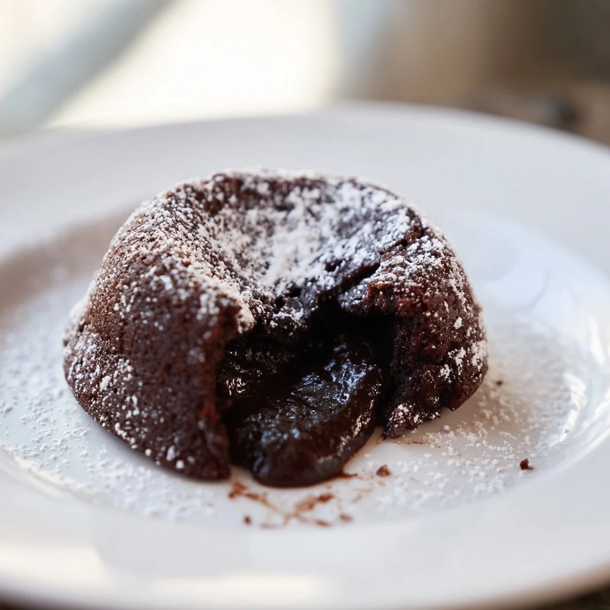 A pair of Sweetheart Chocolate Lava Cakes garnished with powdered sugar, perfect for a romantic dessert date on a cozy dinner table.