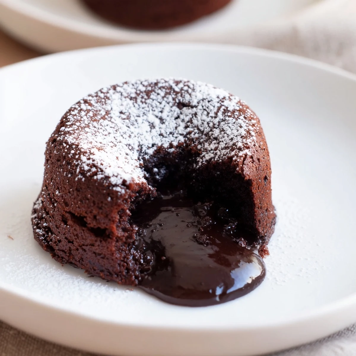 Close-up of one Sweetheart Chocolate Lava Cake with a fork, revealing a rich, gooey molten chocolate center oozing onto the plate.