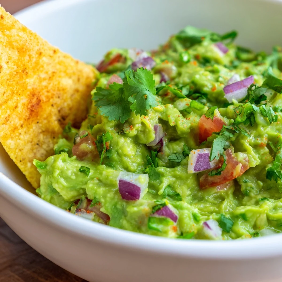 A close-up of Big Game Guacamole in a rustic bowl, topped with fresh diced tomatoes and cilantro, surrounded by golden, crispy homemade tortilla chips ready for dipping.