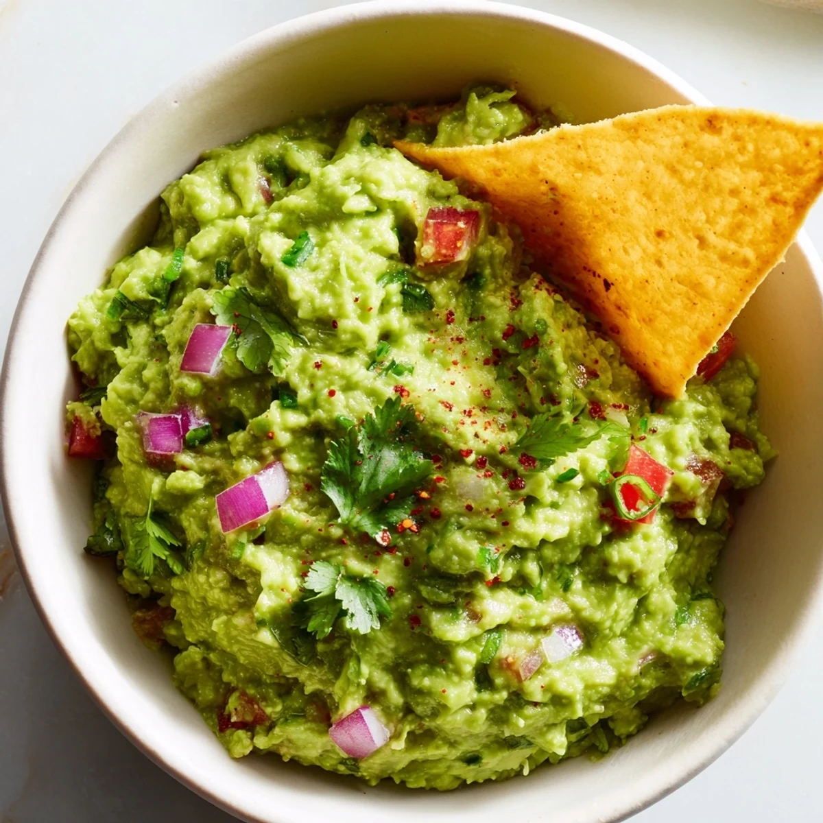 Freshly baked golden tortilla chips stand upright in a white bowl, perfectly crisp, beside a vibrant bowl of zesty Big Game Guacamole for a festive game day snack.