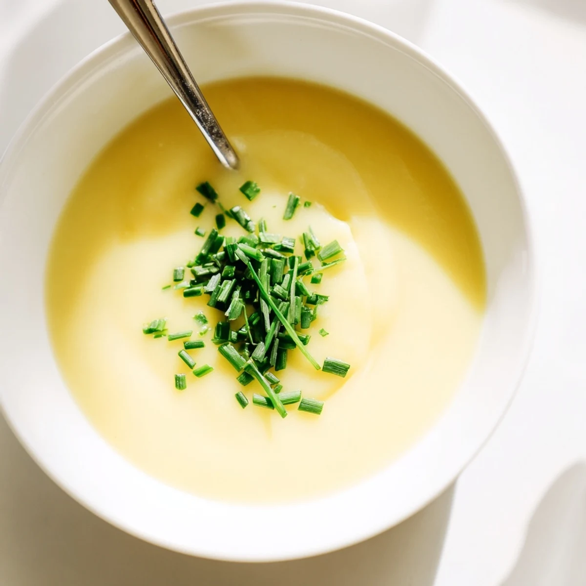 A bowl of Irish Potato Leek Soup with Chives, velvety and steaming beside crusty bread on a wooden table.