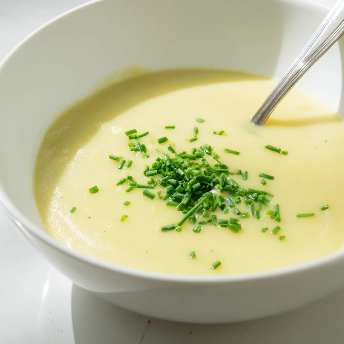 Homemade Irish Potato Leek Soup with Chives, smooth and creamy, topped with a drizzle of olive oil and chives.