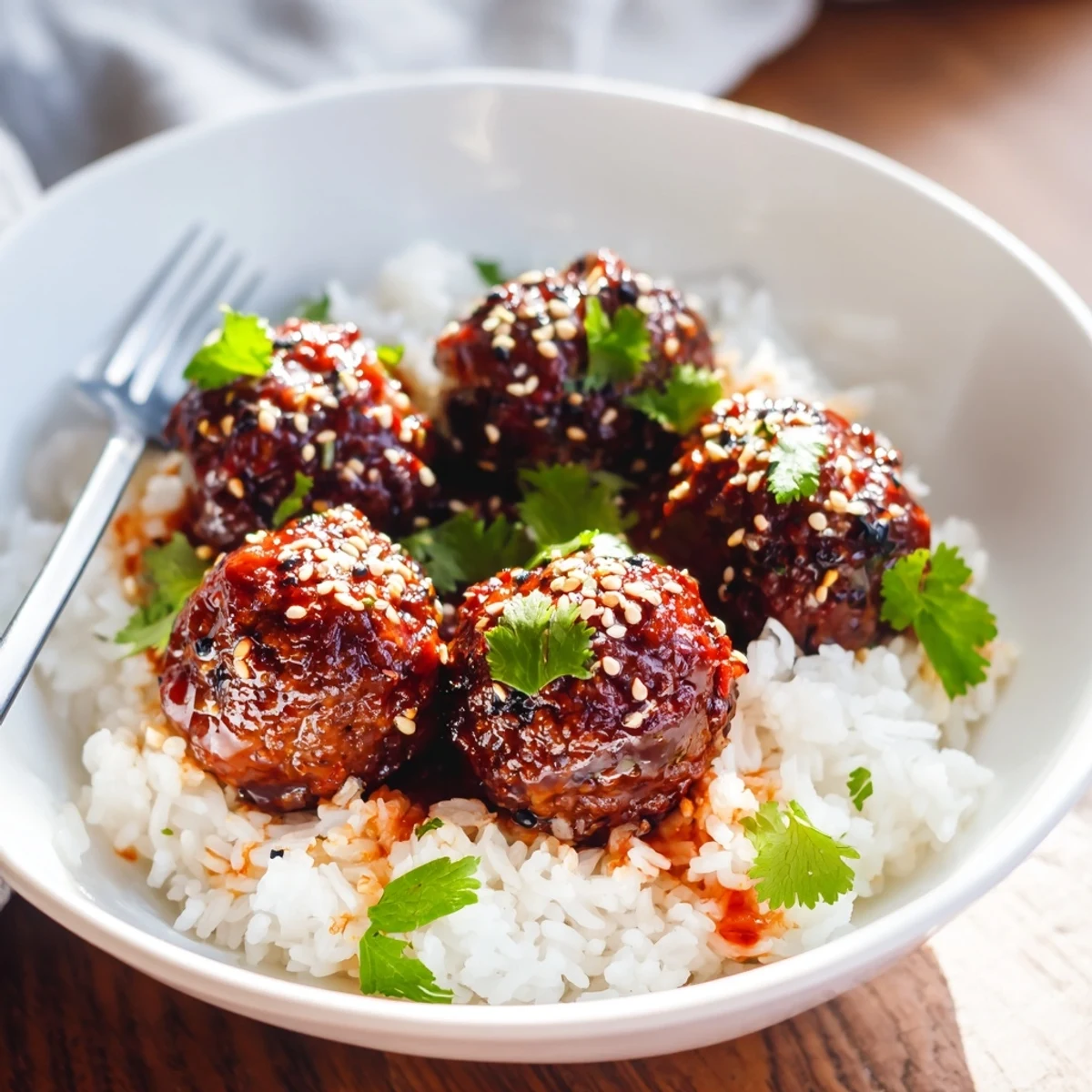 Glazed Spicy Sriracha Beef Meatballs served over fluffy white rice, garnished with green onions and sesame seeds.