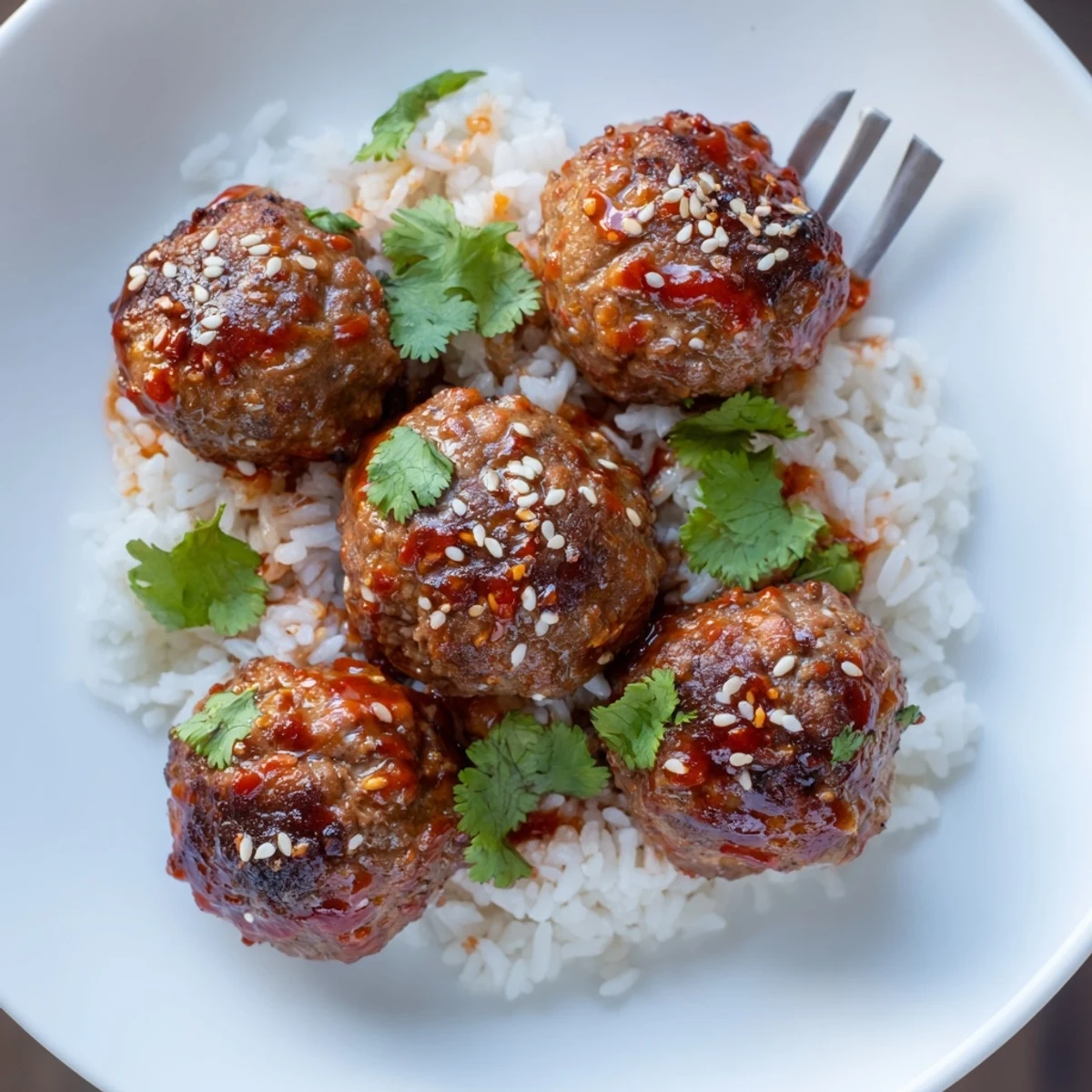 Tender Spicy Sriracha Beef Meatballs tossed in a tangy glaze, arranged over jasmine rice with fresh cilantro garnish.